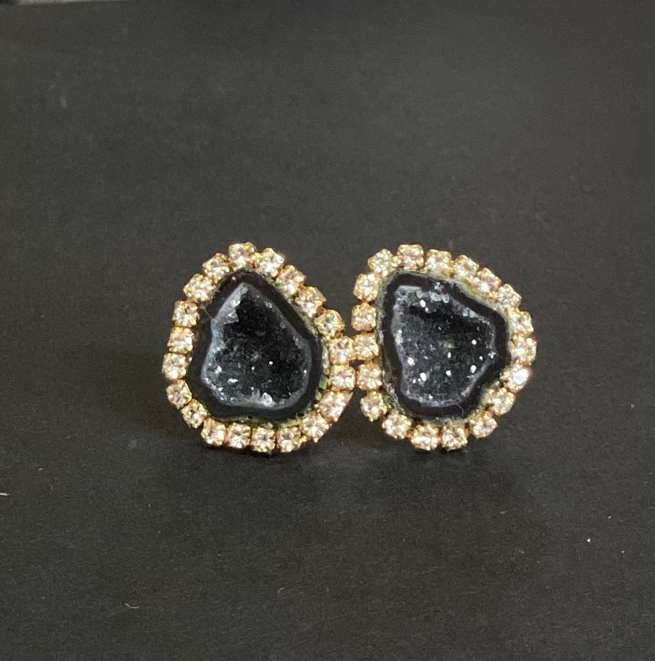 Black Geode Druzy Stud Earrings Diamond Look