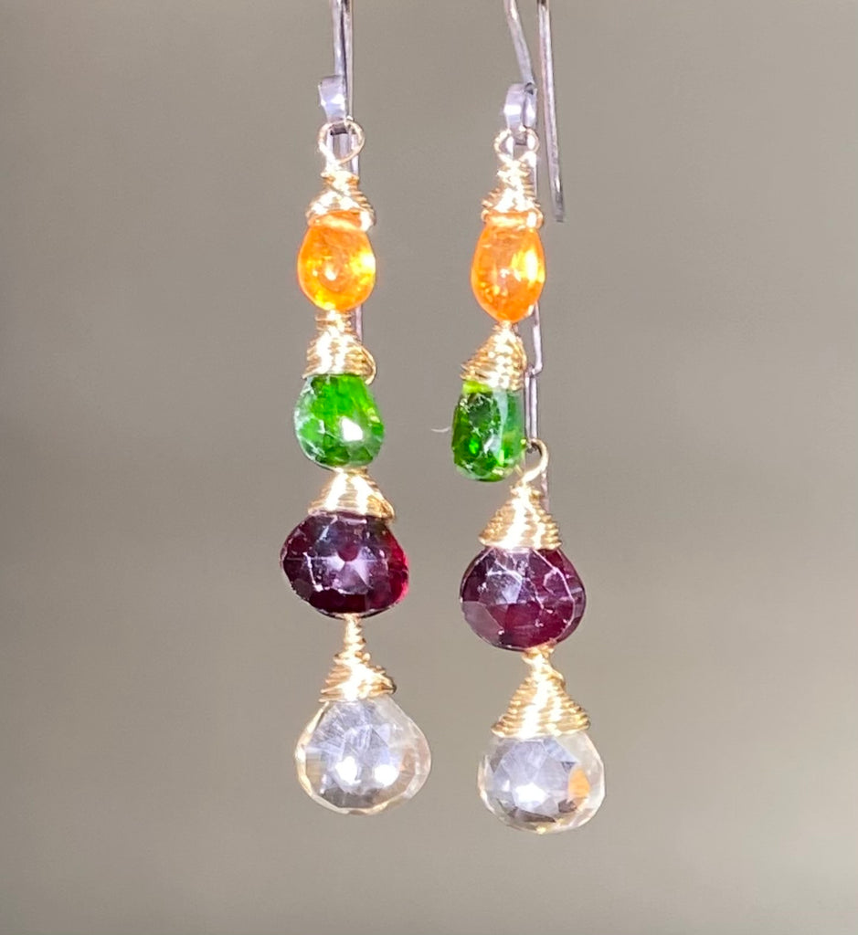 multi garnet gemstone dangle earrings with chrome diopside on gold fill