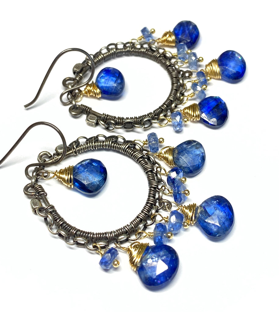 Blue Kyanite Gemstone Mixed Metal Hoop Earrings Gold Fill Oxidized Sterling Silver