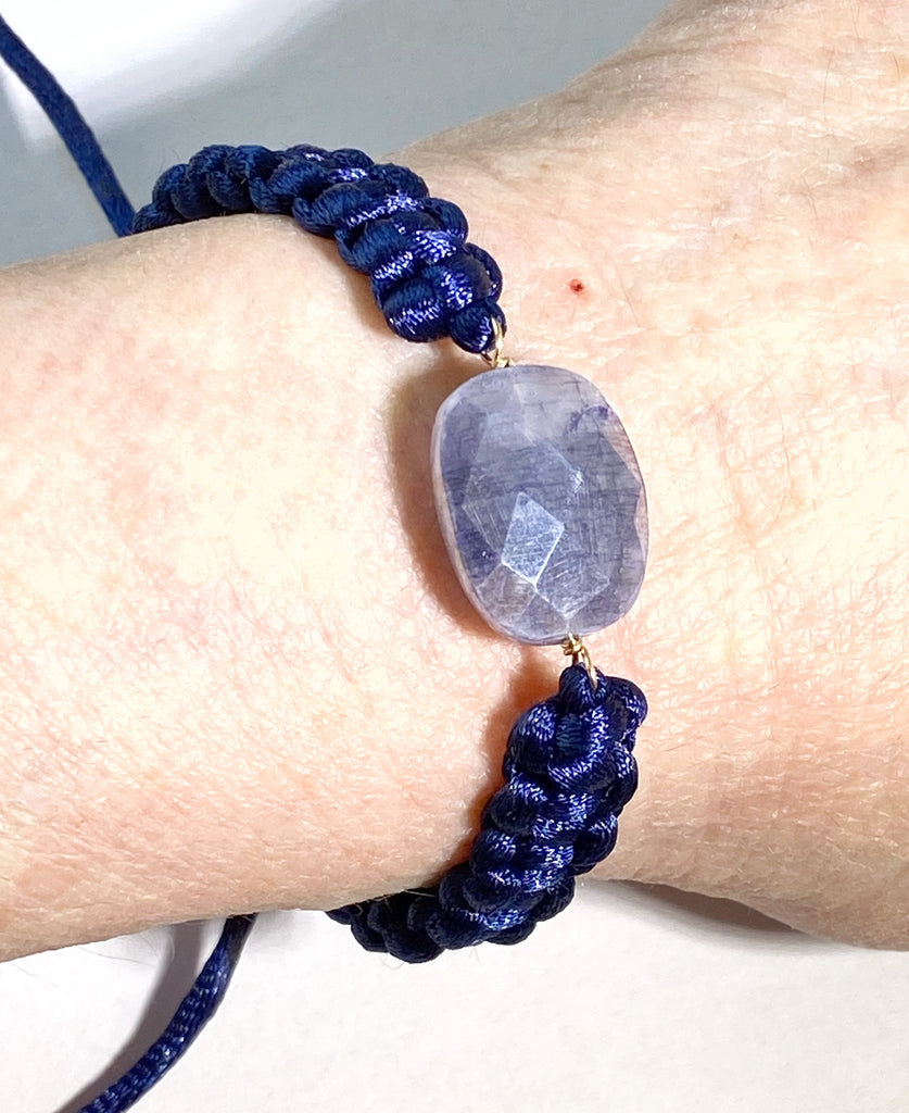Mystic Blue Sapphire Bracelet Adjustable Navy Blue Macramé