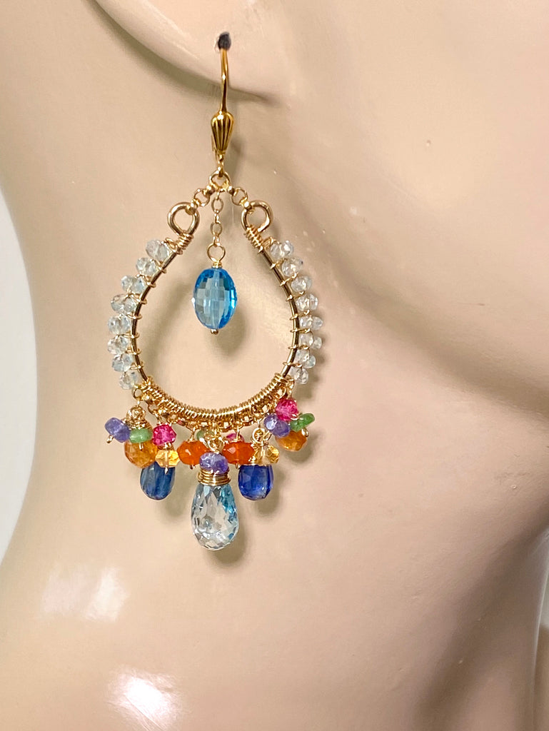 Blue Topaz Multicolor Gemstone Hoop Earrings in Gold Fill - doolittlejewelry