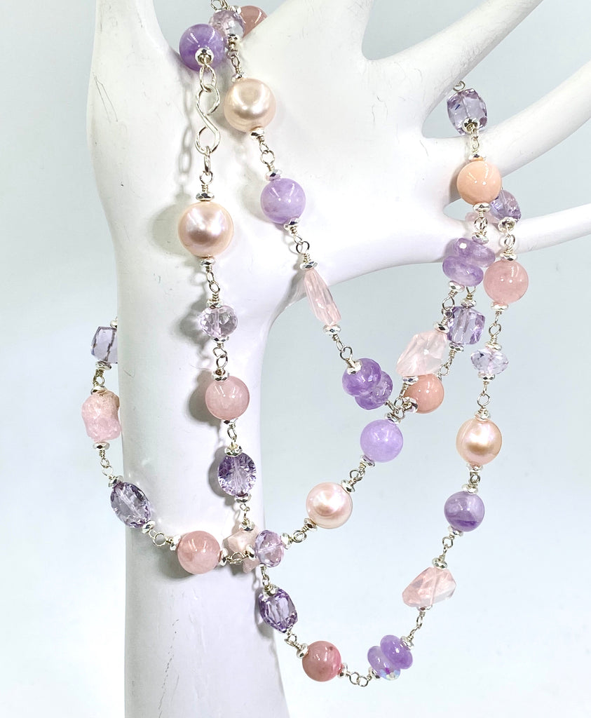 Long Sterling Silver Gemstone Pearl Necklace Lavender Amethyst Rose Quartz - doolittlejewelry