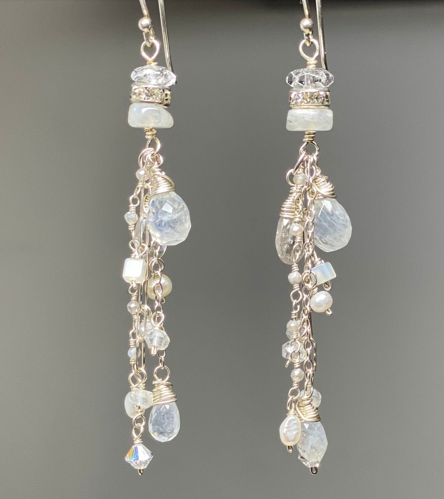 Rainbow Moonstone Long Boho Summer Earrings with Gem Zircon and Sterling Silver