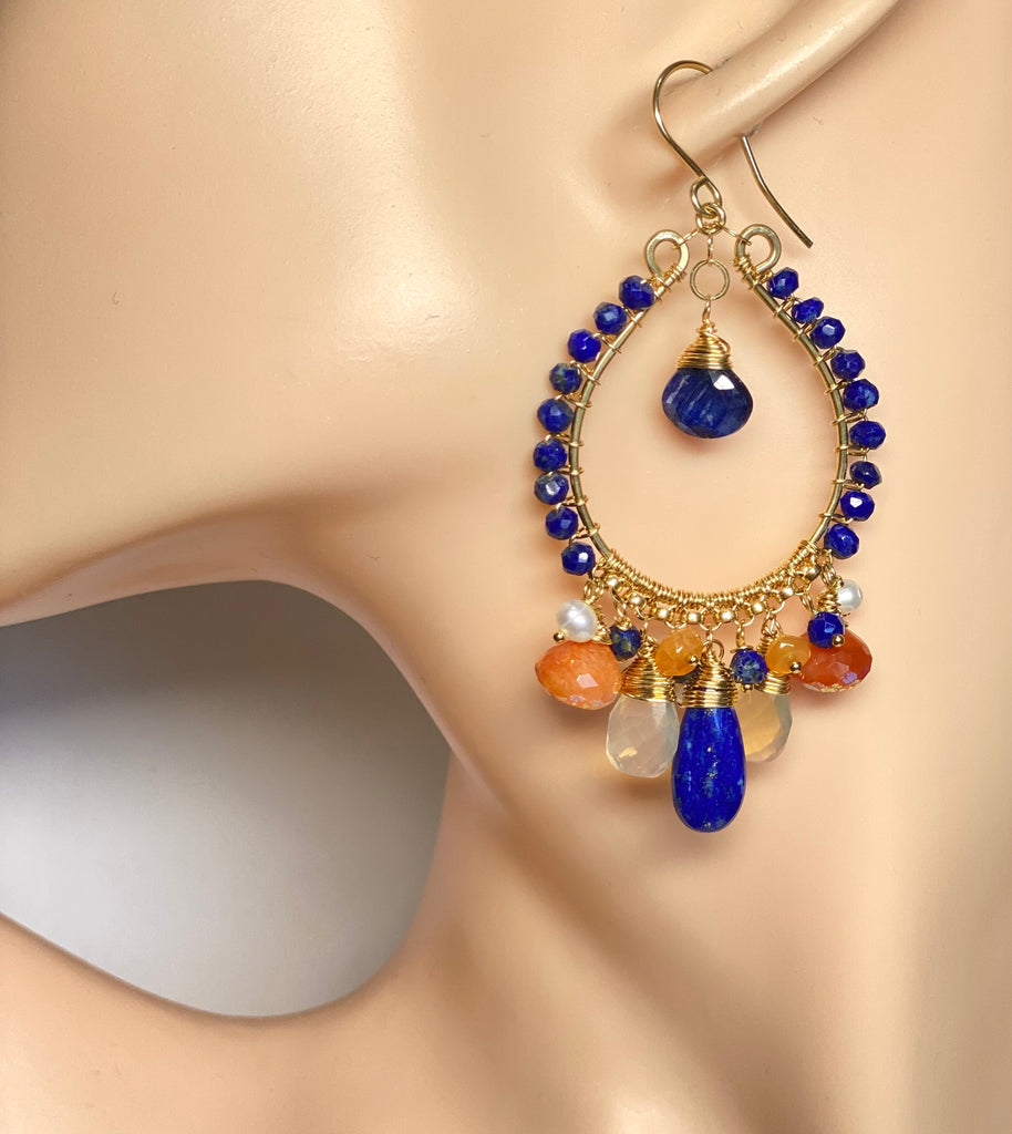 Blue Lapis Gold Fill Hoop Earrings Mystic Carnelian & Fire Opal