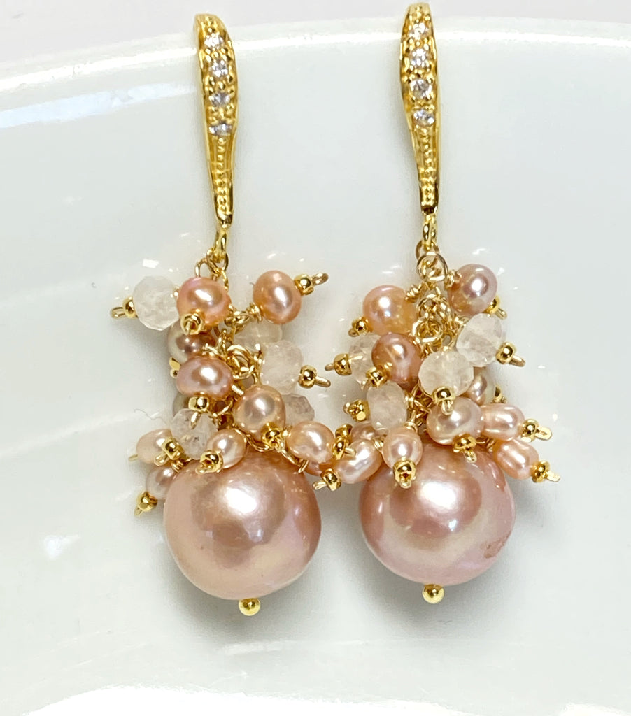 Blush Pink Edison Pearl Cluster Earrings Gold Fill
