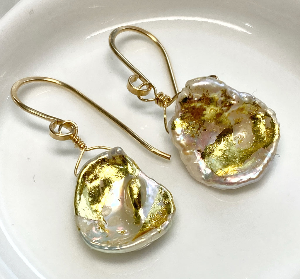 Keishi Pearl 24 kt Gold Leaf Dangle Earrings