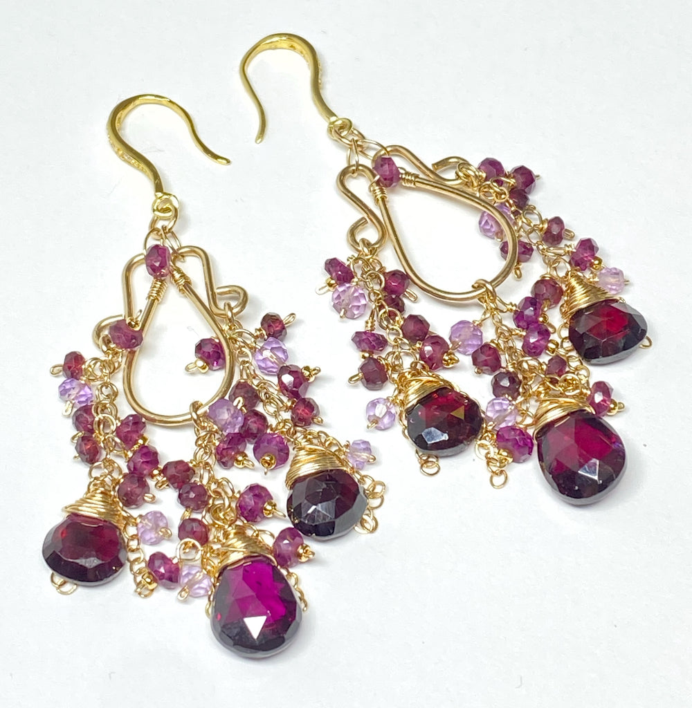Rhodolite Garnet Boho Chandelier Earrings Gold Fill