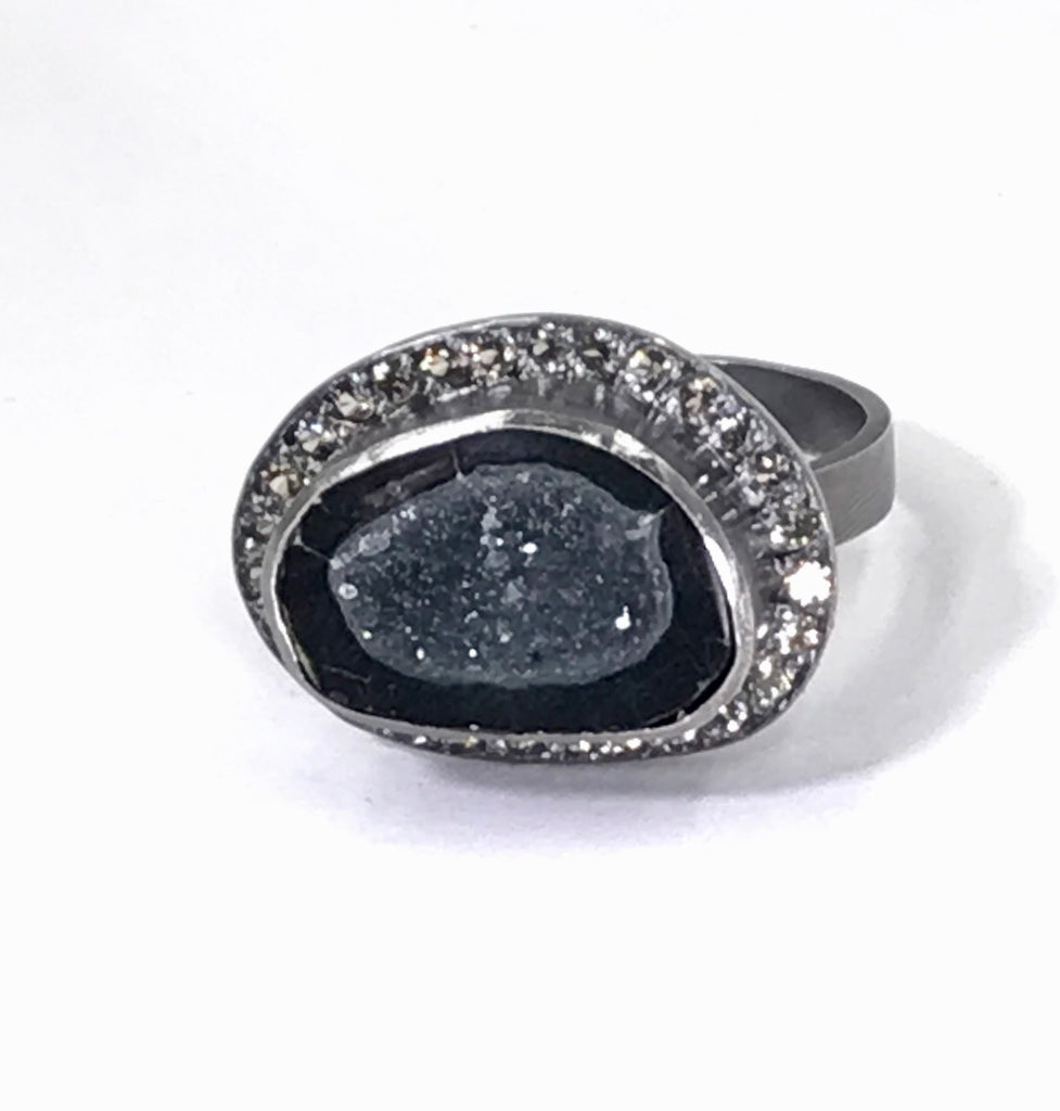 Black Geode and Pave Sapphire Ring in Oxidized Sterling Silver - doolittlejewelry