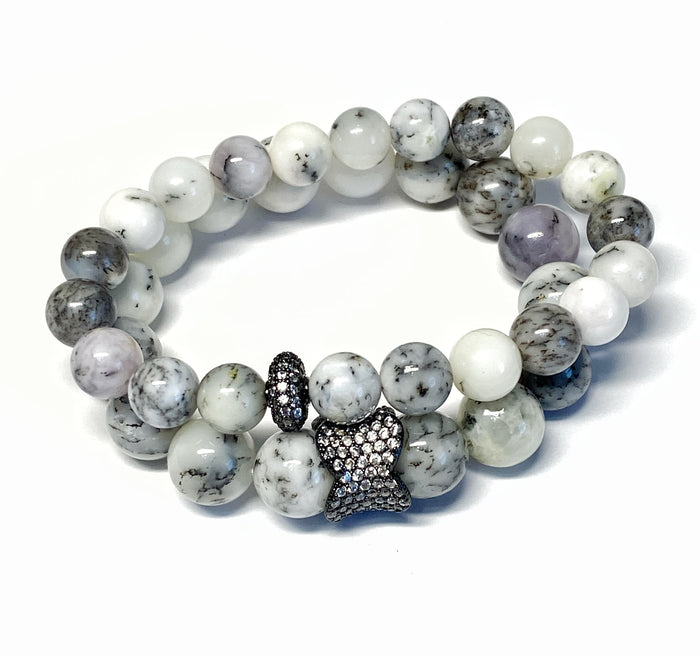 White and Black Stretch Bracelets Set of 2, Dendritic Opal Oxidized Silver Pave