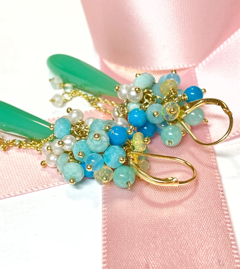 Green, turquoise, opal, amazonite, pearl cluster earrings gold