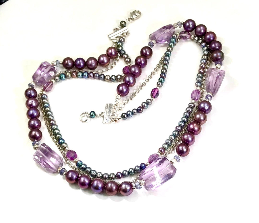 Amethyst and Pearl Multi-Strand Triple Strand Necklace - doolittlejewelry