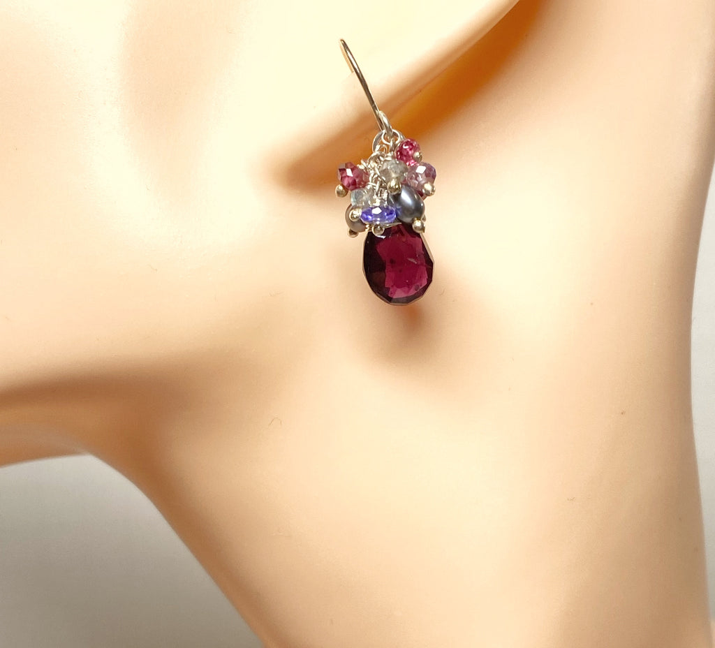 Rhodolite garnet cluster earrings with tanzanite pearls and  amethyst
