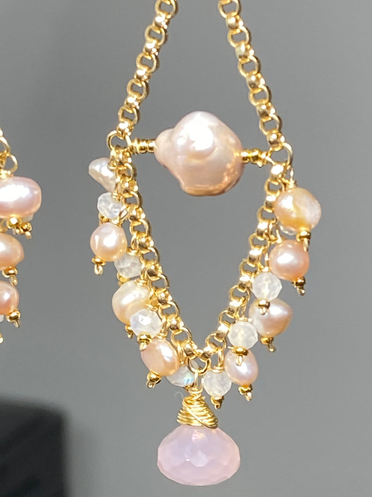 Pink Pearl Chandelier Earrings with Moonstone