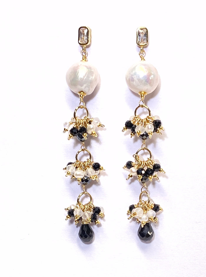Edison Pearl Long Dangle Earrings with Black Spinel, White Pearl, Moonstone