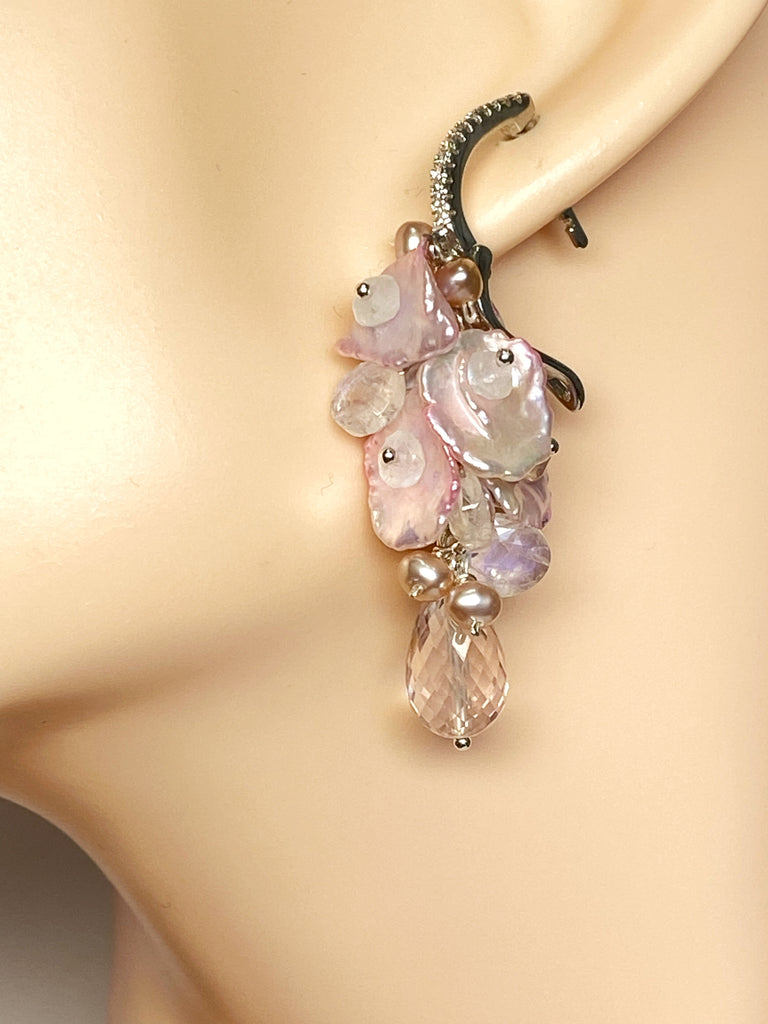 Pink Rose Quartz, Moonstone, Keishi Pearl Cluster Earrings, Silver