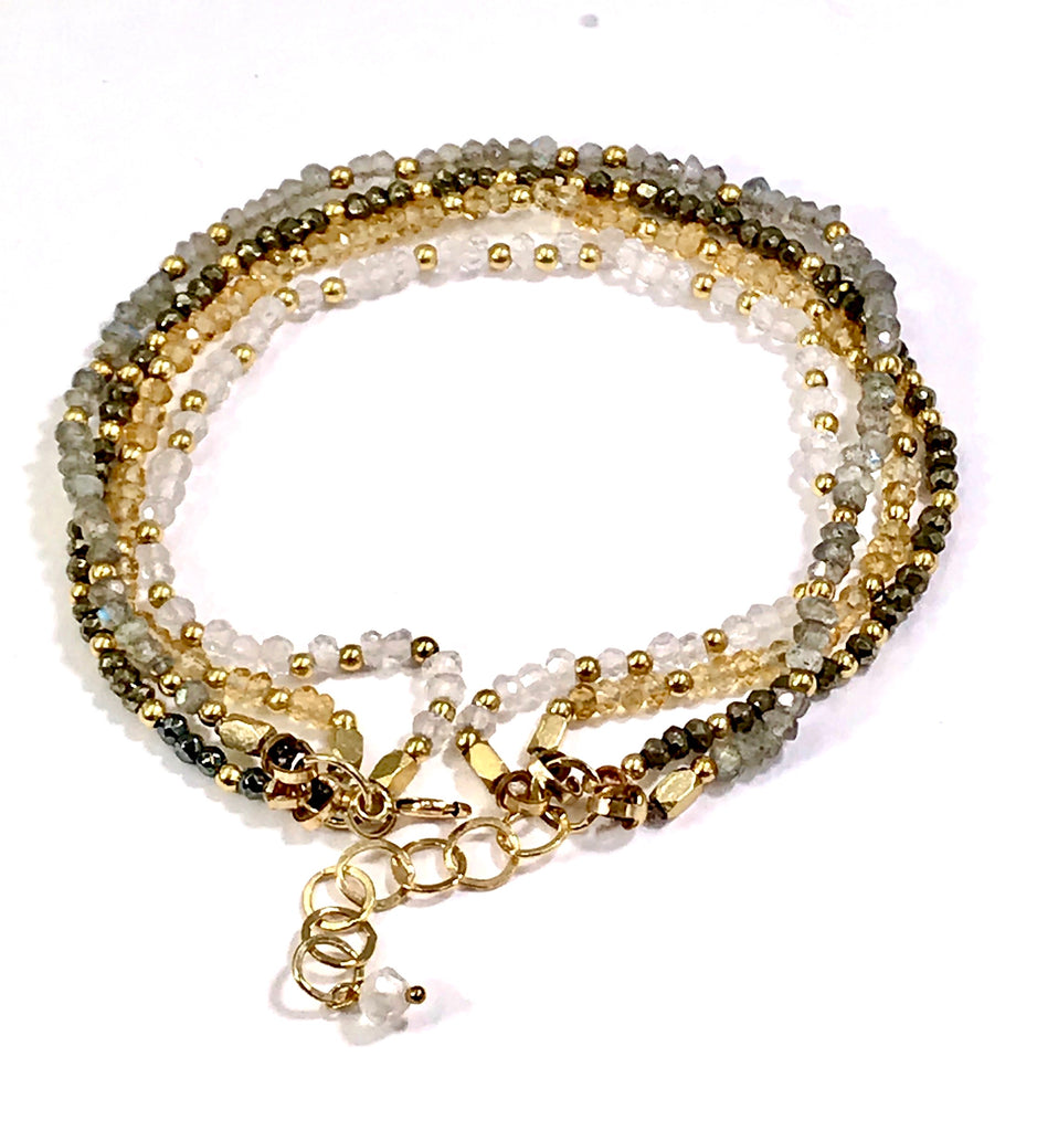 Multi-strand Gemstone Dainty Beaded Bracelet Citrine Labradorite Moonstone Pyrite - doolittlejewelry