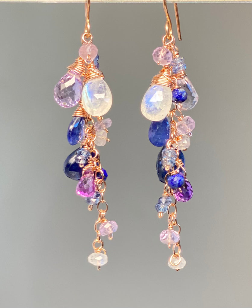 Blue Violet Rose Gold Dangle Earrings - Moonstone, Kyanite, Amethyst, Violet Quartz