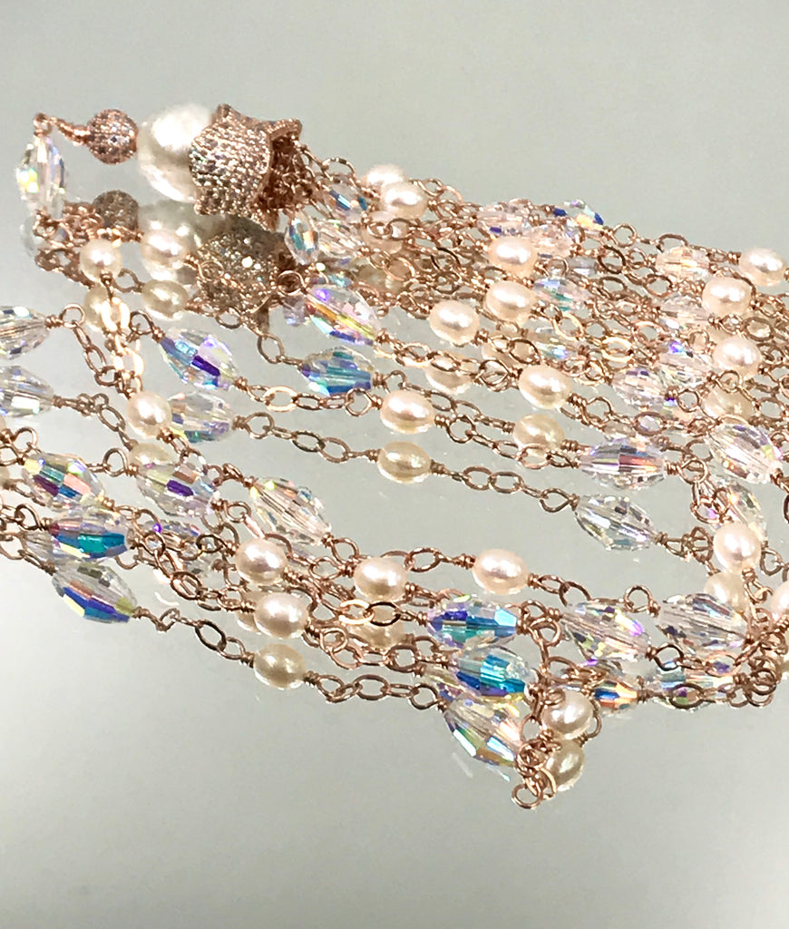 Rose Gold, Pearl and Swarovski Crystal Tassel Necklace - doolittlejewelry