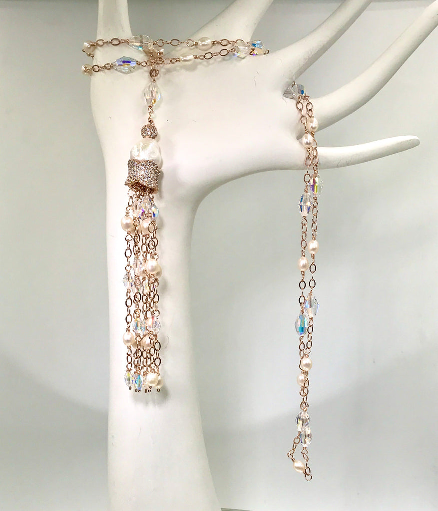 Rose Gold, Pearl and Swarovski Crystal Tassel Necklace - doolittlejewelry