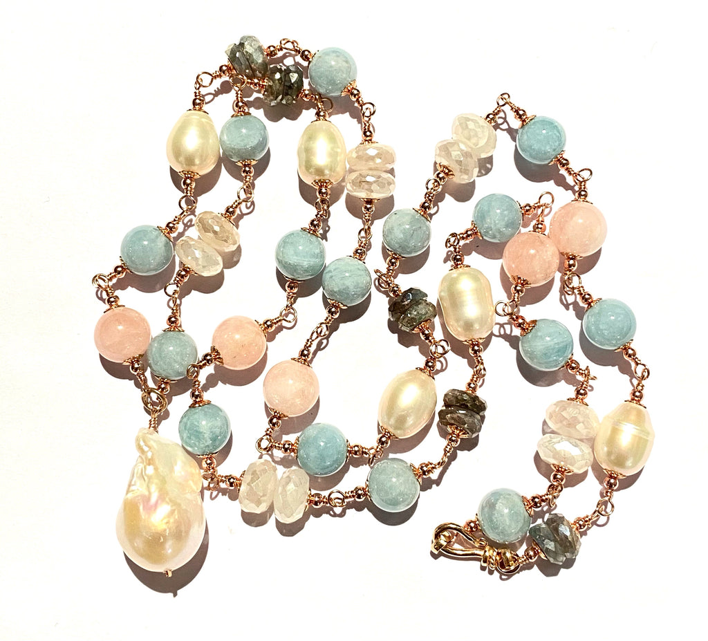 Long Blue Aquamarine Necklace Rose Gold, Pearl Gemstone Sautoir Wire Wrapped