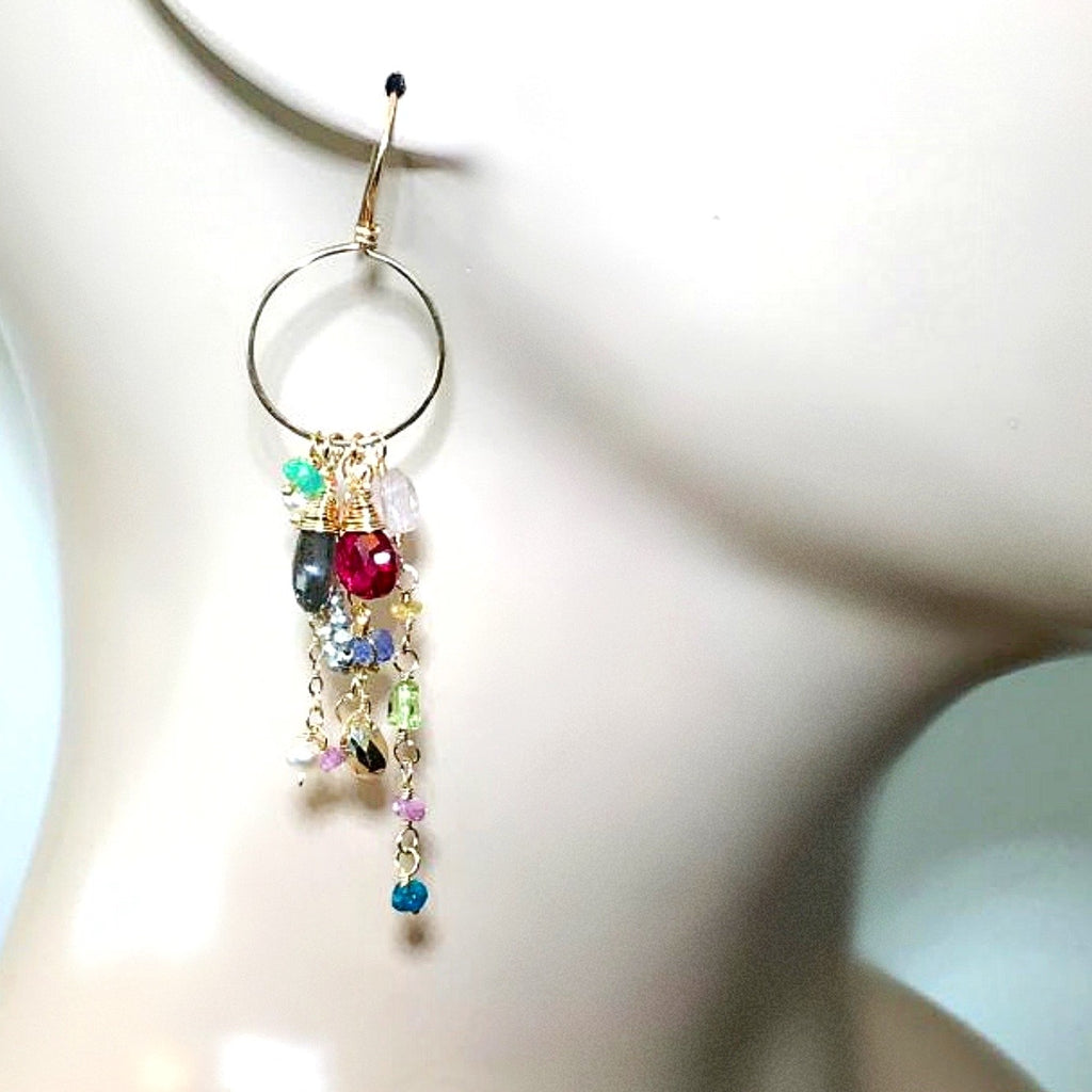 Multi-color Gemstone Dangle Earrings Gold Chain Red Topaz
