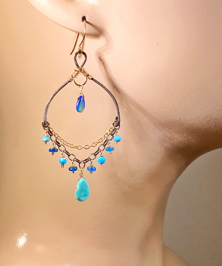 Blue Opal and Kingman Turquoise Mixed Metal Chandelier Earrings