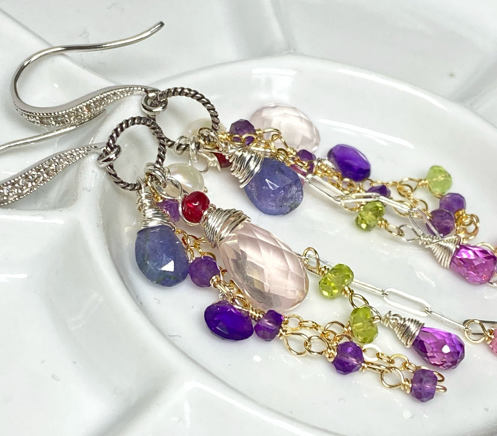 Rose Quartz Multi Gem Dangle Earrings Tanzanite, Violet, Sterling