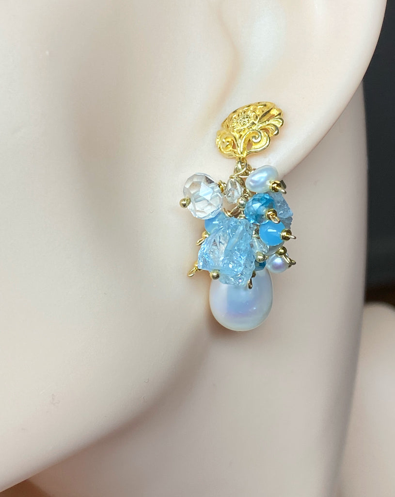 Aquamarine Gemstone Pearl Cluster Earrings Gold Post