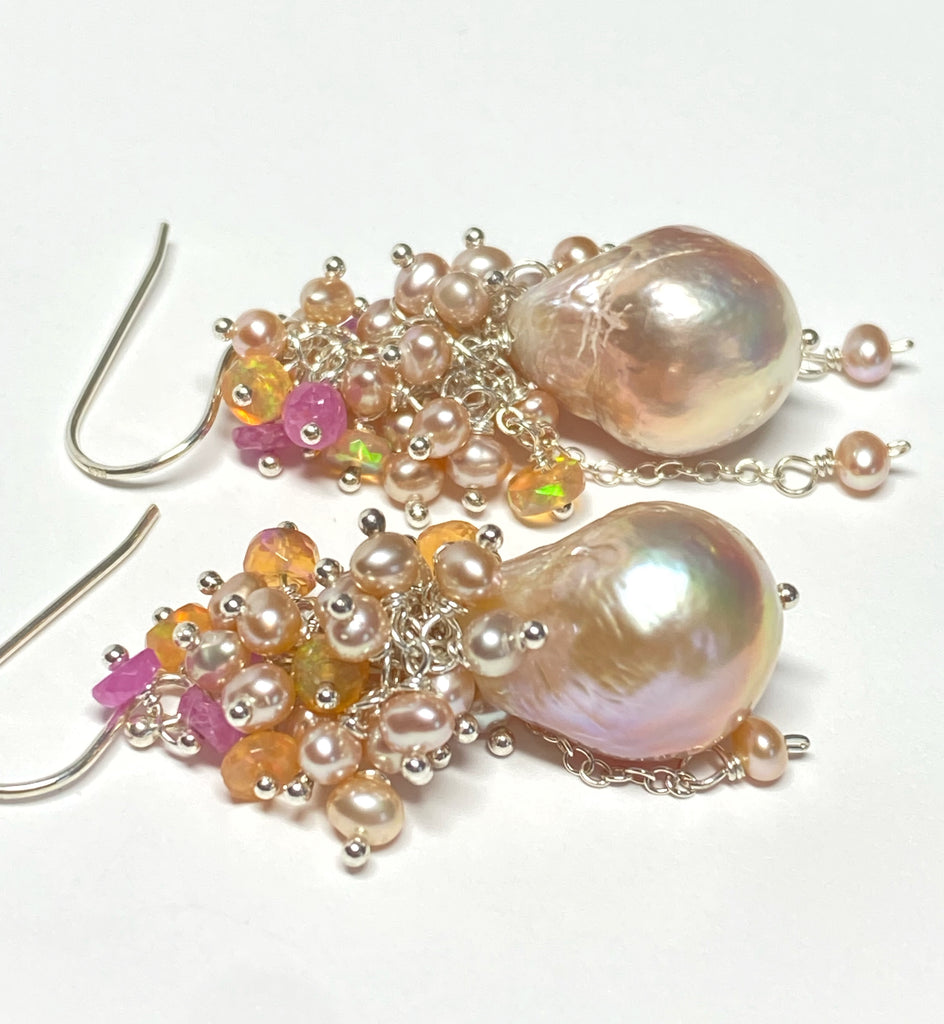 Pink Blush Baroque Pearls Opal, Sapphire Pearl Cluster Earrings