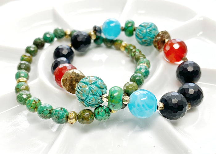 Gemstone Strech Bracelets Set of 2: Carnelian, Turquoise, Onyx
