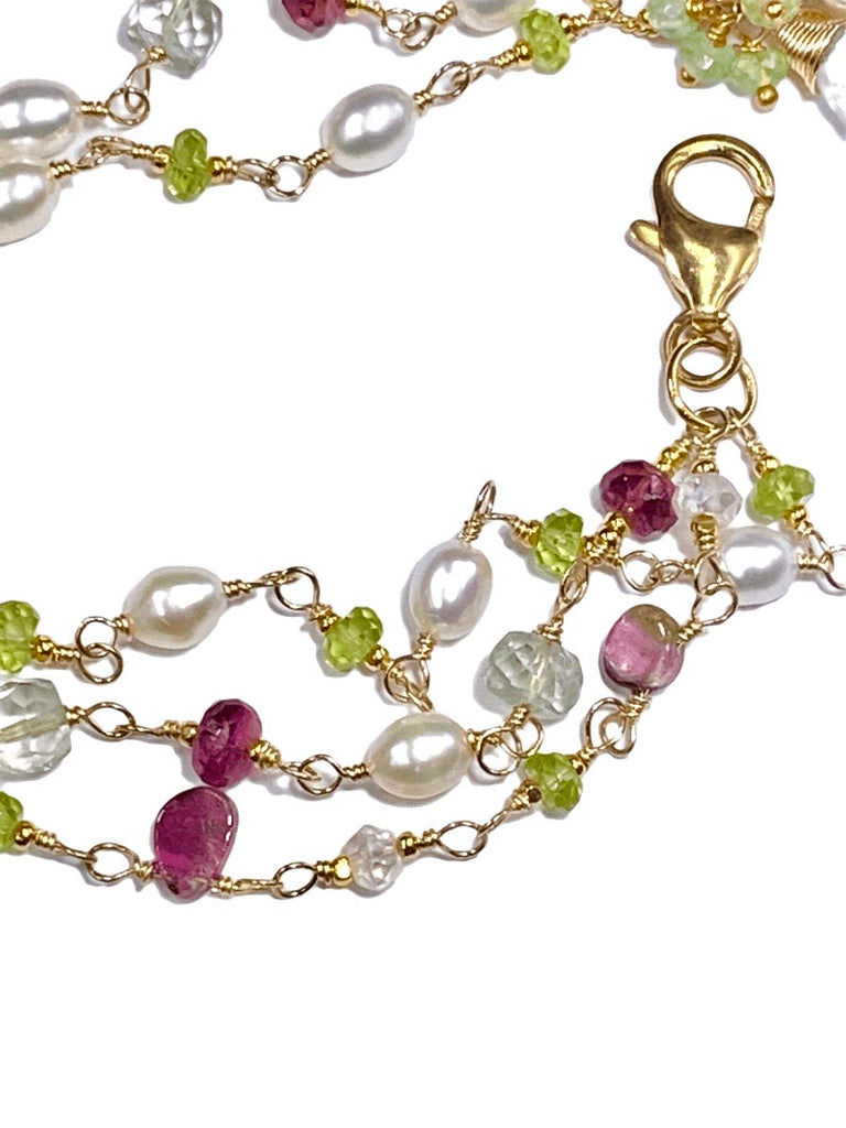 Peridot, Watermelon Tourmaline Slice and Pearl Dainty Triple Strand Bracelet - doolittlejewelry