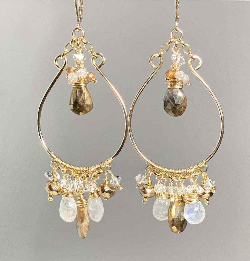 Rainbow Moonstone Gold Chandelier Hoop Earrings Herkimer Diamond