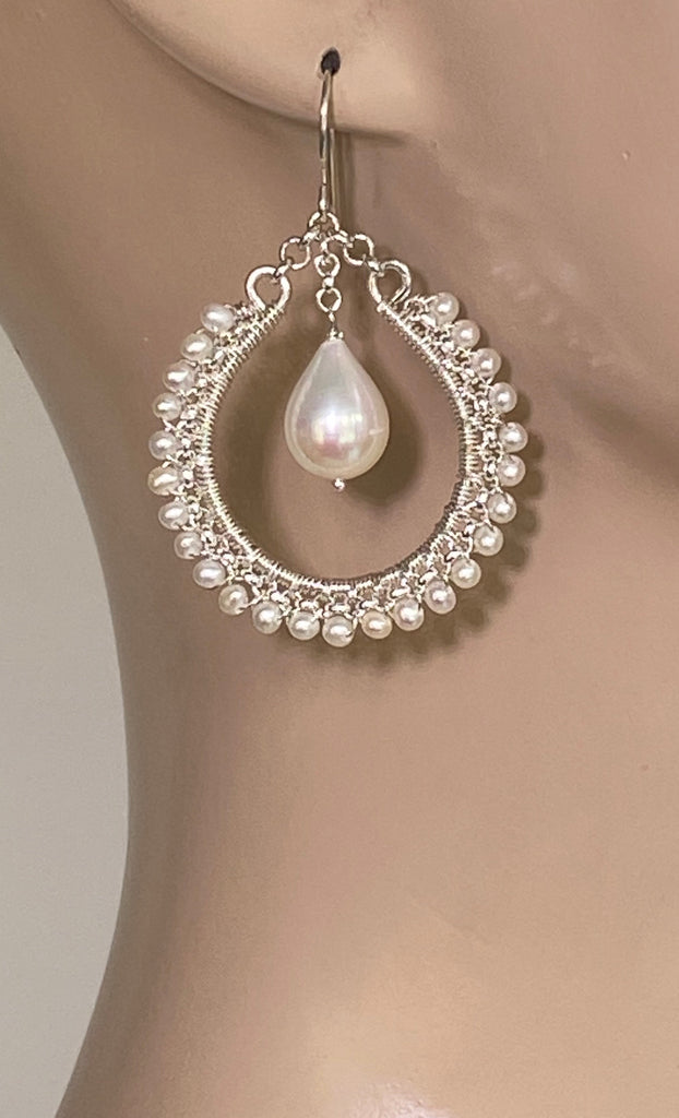 Pearl Sterling Silver Hoop Earrings