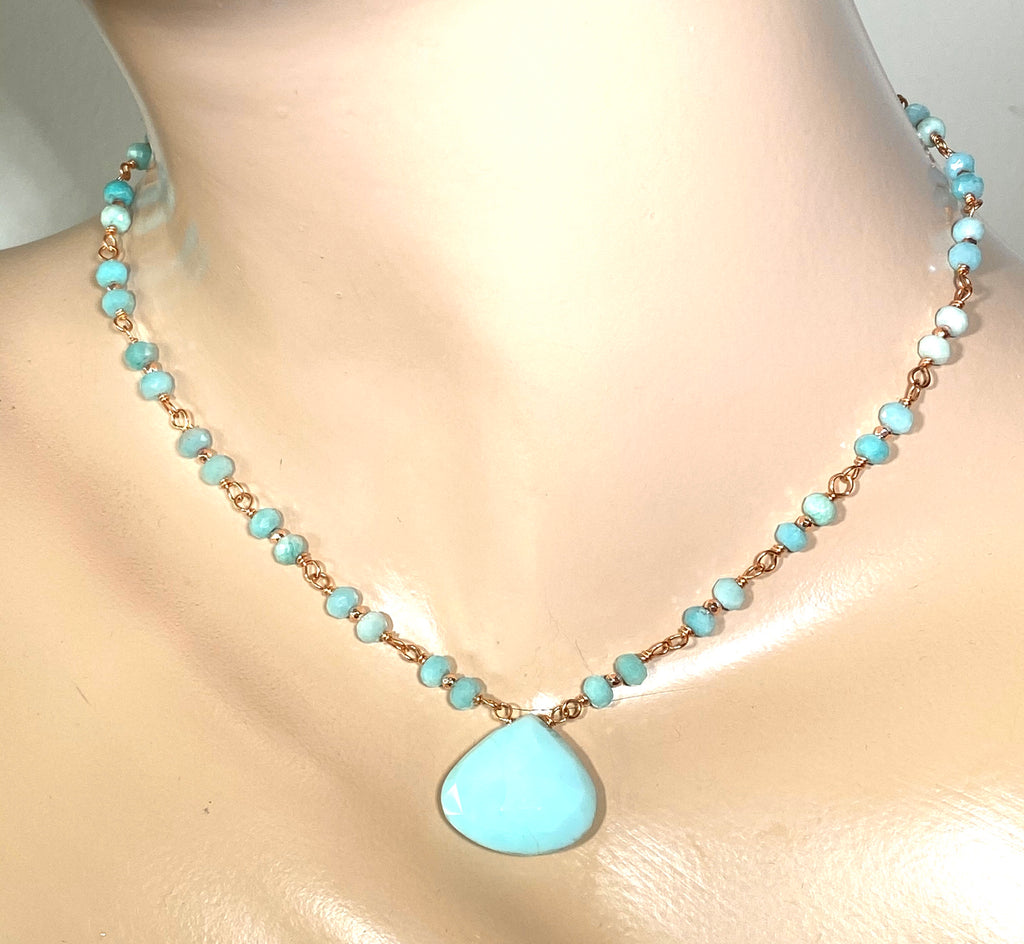 Blue Peruvian Opal, Amazonite, Rose Gold Wire Wrapped Pendant Necklace - doolittlejewelry