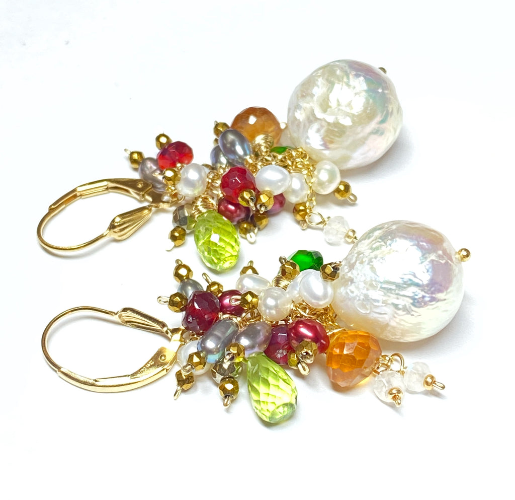 Statement Pearl Earrings handmade, with Fall hued gemstones for women 