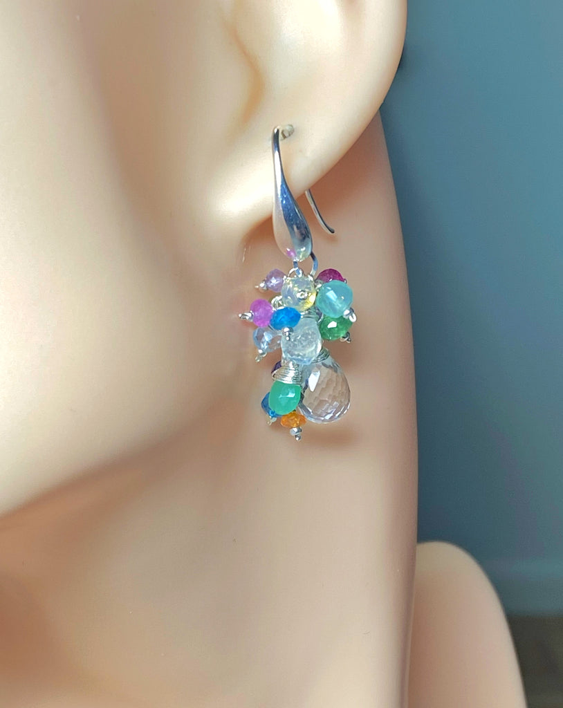 Crystal Quartz Dangle Earrings with Multi Gemstone Cluster Sterling Silver 4