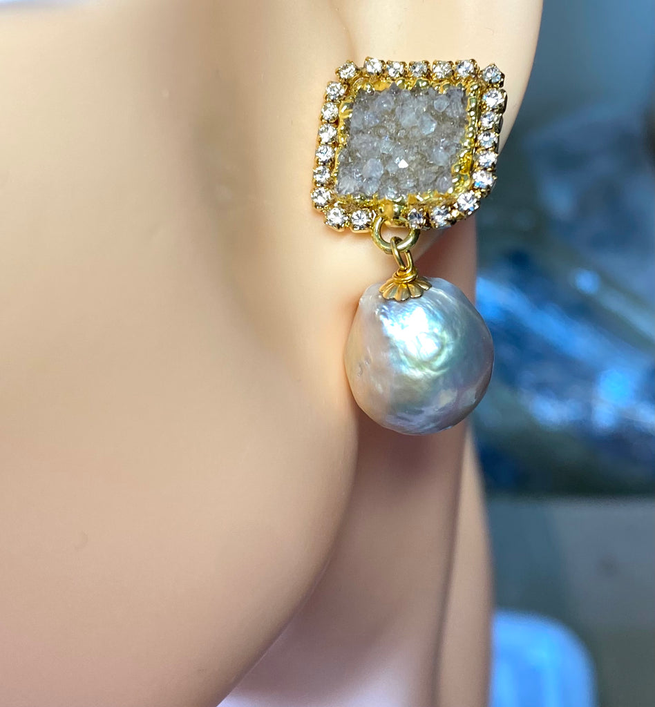 Silver Druzy Crystal and Baroque Pearl Dangle Earrings