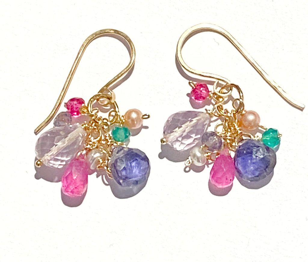 Multicolor Gemstone Dangle Earrings Pink Sapphire Gold Fill