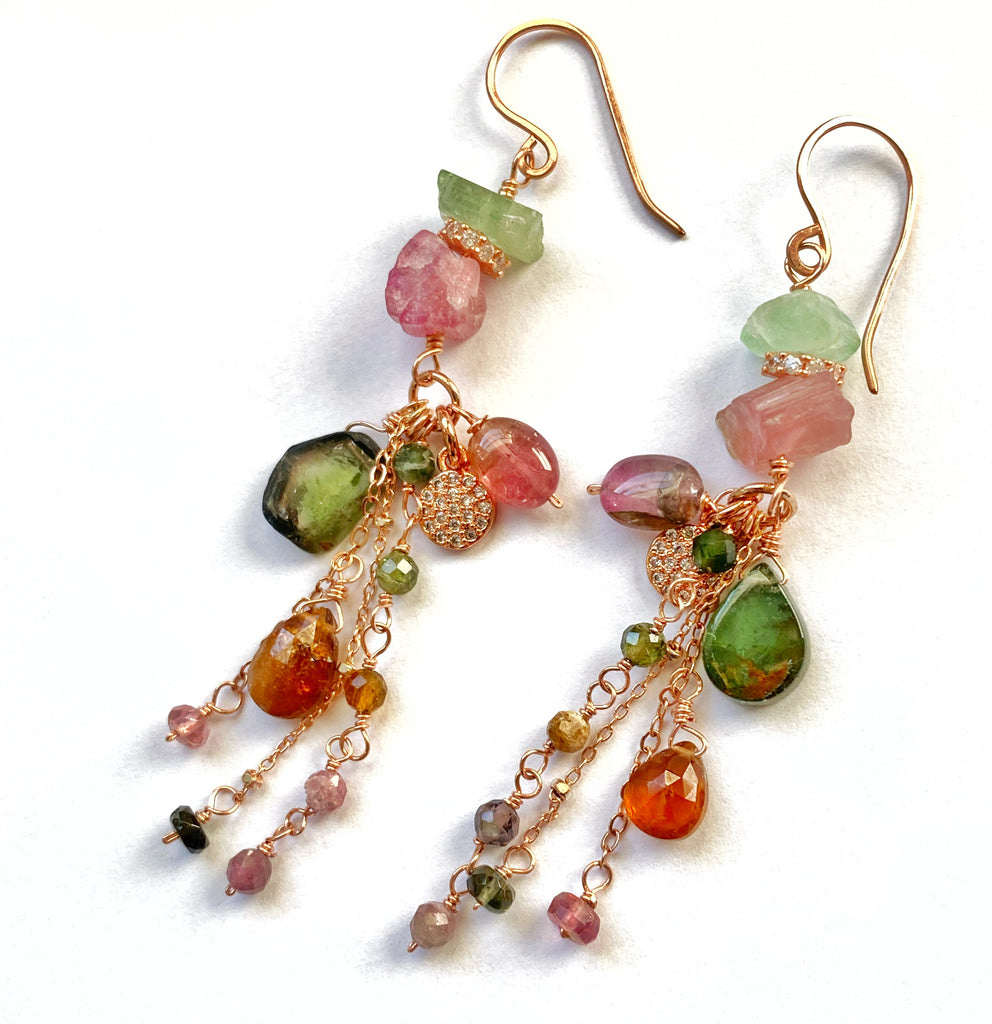 Tourmaline Dangle Earrings Rose Gold Pink Green Watermelon