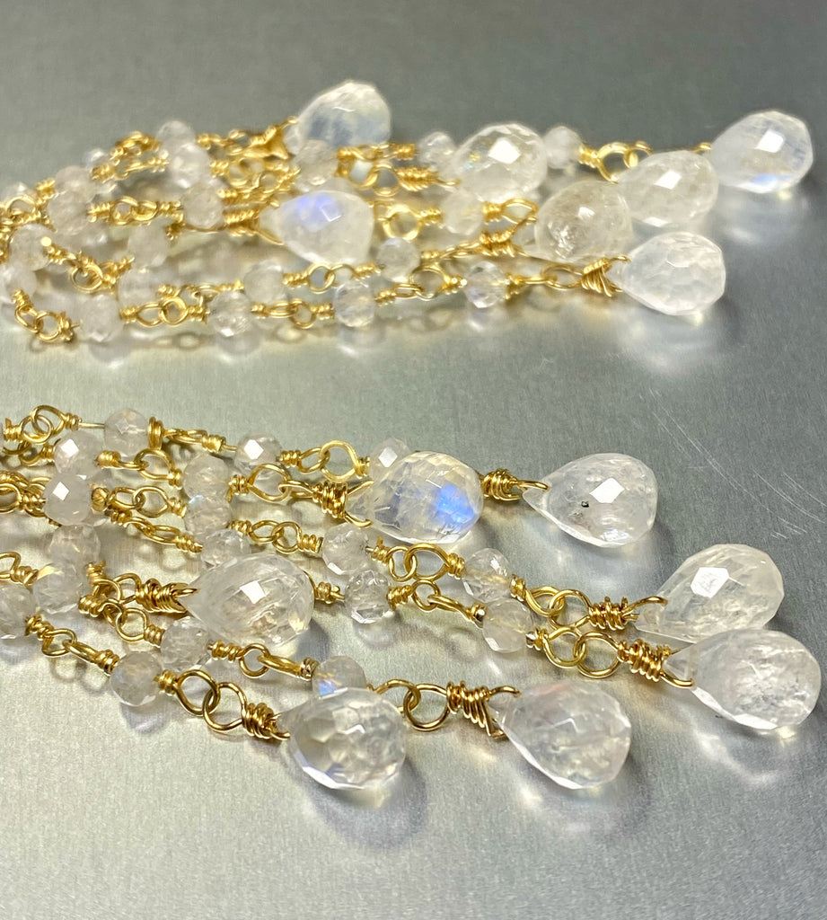 Rainbow Moonstone Tassel Earrings Gold