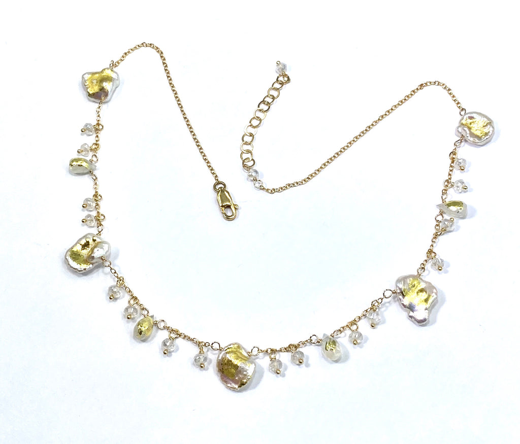 Keishi Pearl 24kt Gold Leaf Boho Dangle Necklace with Rainbow Moonstone - doolittlejewelry