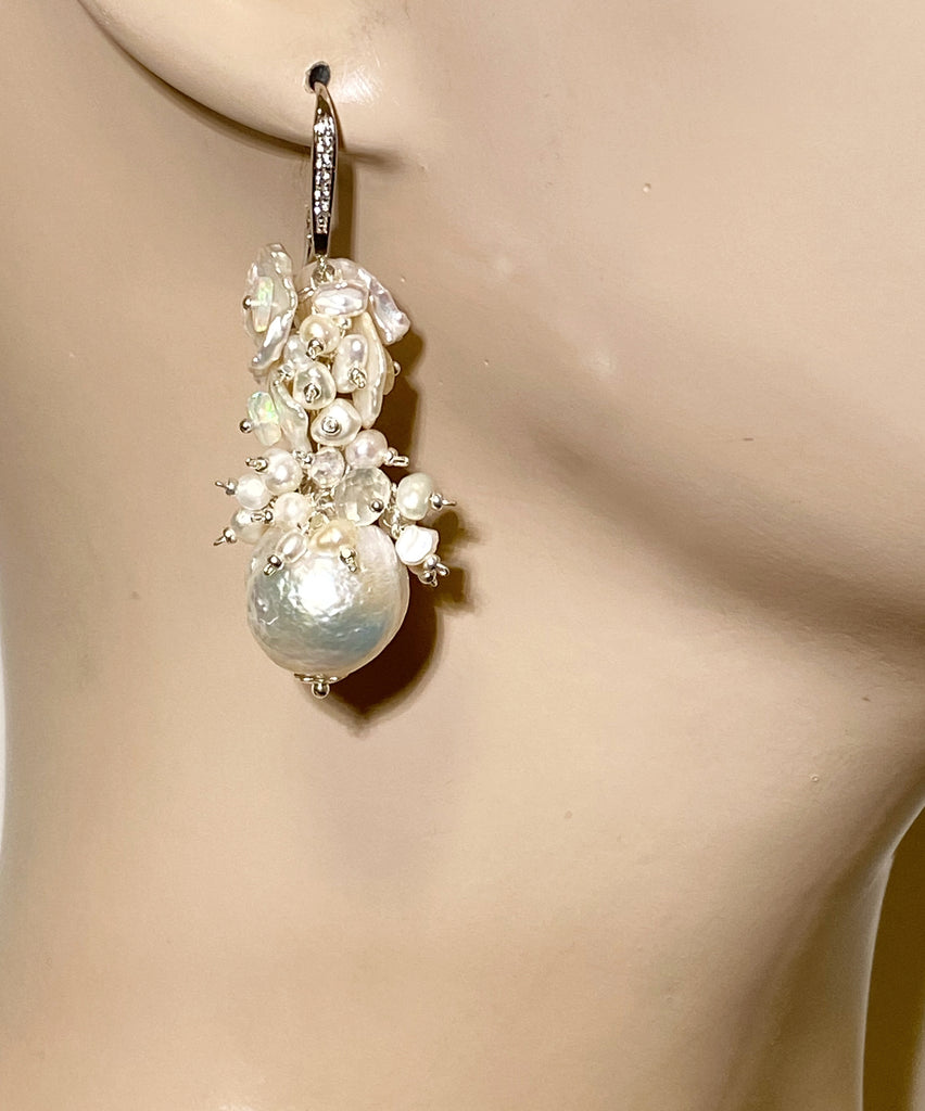 Baroque Pearl Cluster Bridal Earrings White Keishi and Opal Cascade