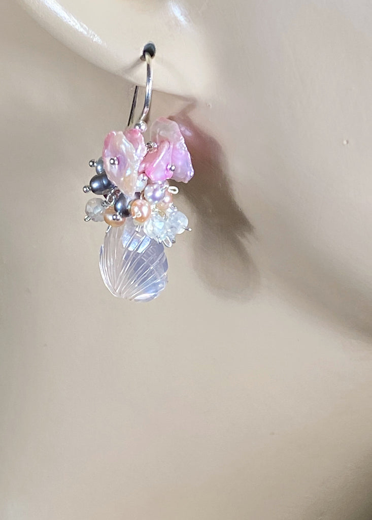 Rose Quartz Carved Leaf Necklace Set Pearl Clusters