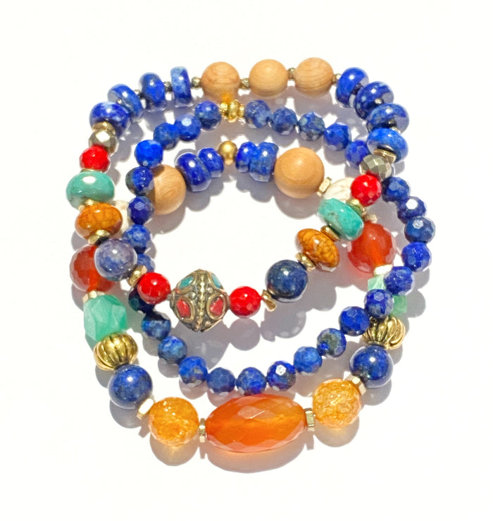 Stacking Bracelet Set of 3 Blue Lapis Chrysoprase Carnelian