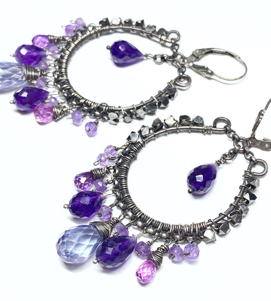 Boho Hoop Earrings Oxidized Sterling Silver Blue Violet Gemstones