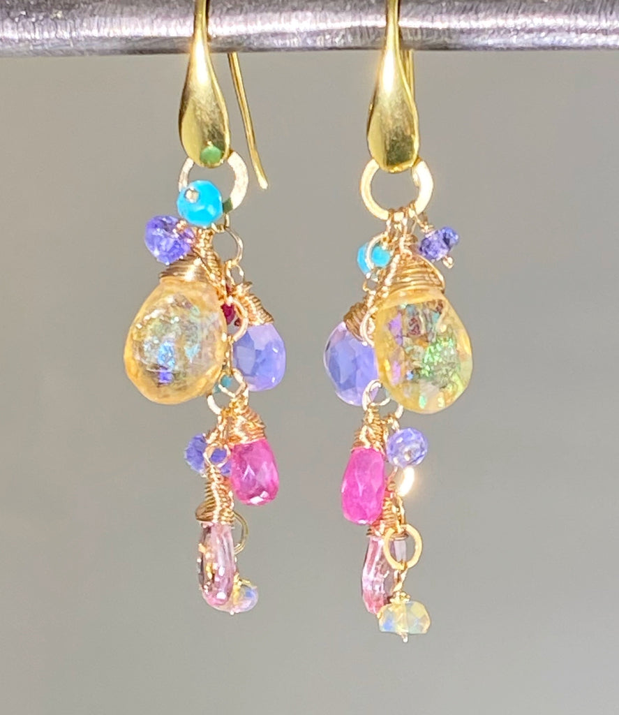 Colorful Gemstone Long Dangle Earrings Gold Mystic Citrine Lavender Opal Pink Sapphire