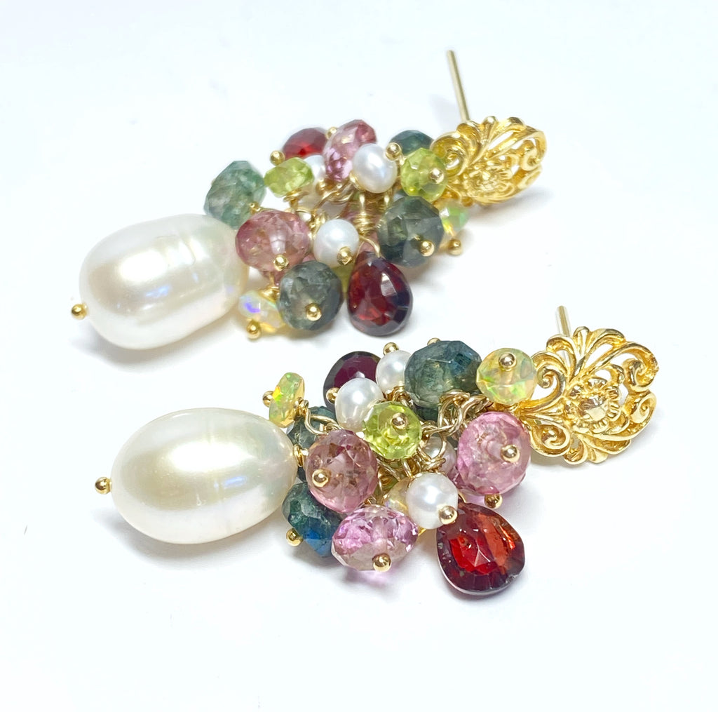 Pearl and Colorful Gemstone Cluster Earrings