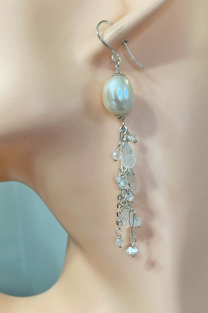 Pearl Moonstone Bridal Dangle Earrings Sterling Silver with Herkimer Diamonds