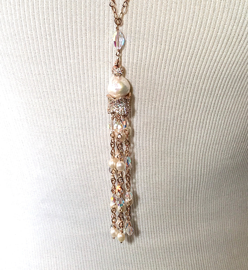 Rose Gold, Pearl and Swarovski Crystal Tassel Necklace - doolittlejewelry