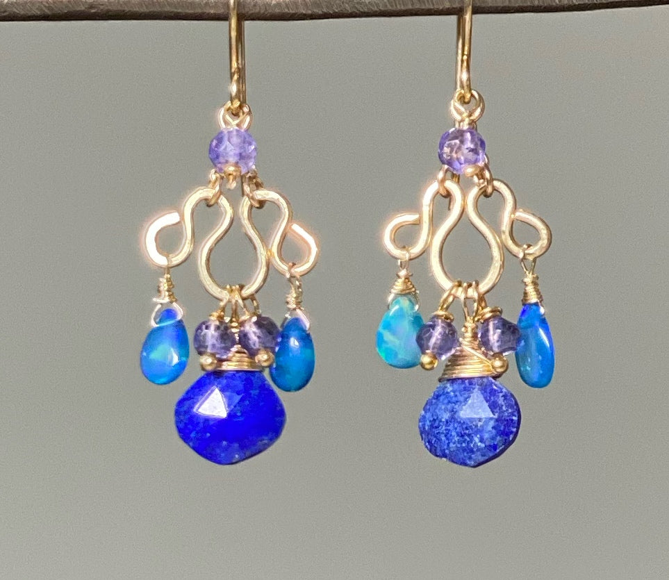 Blue Lapis, Blue Opal Chandelier Earrings Gold Fill